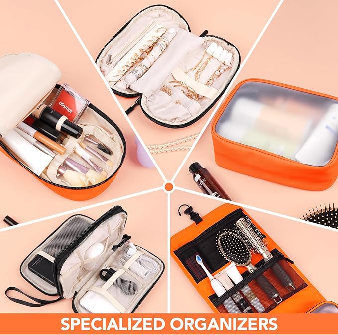 Travel Toiletry Bag Set for Women, Compact Size 5-Piece Hanging Organizer Kit with TSA Approved Cosmetic Bag, Jewelry Case & Cable Pouch, Waterproof Makeup Bag for Travel Essentials - Orange