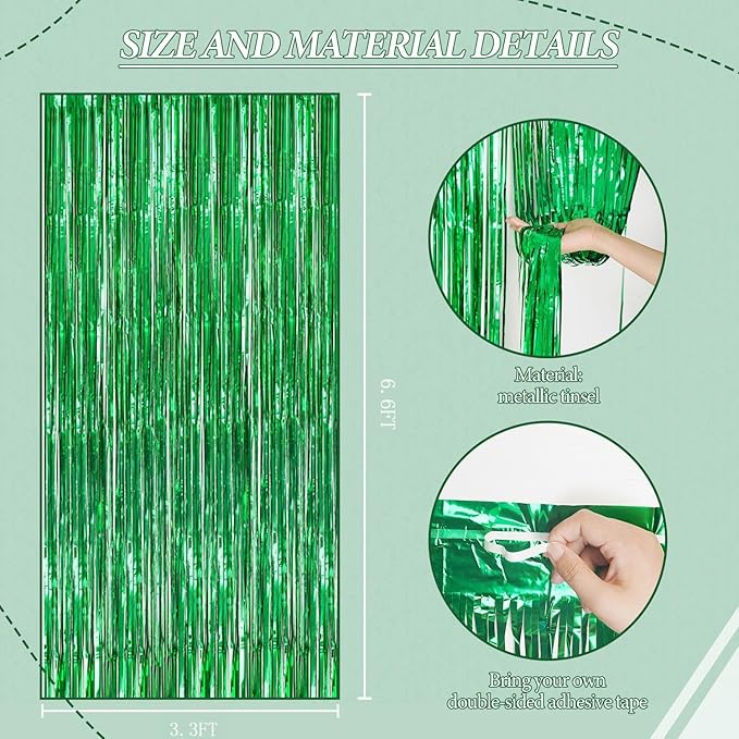 2 Pack Foil Fringe Backdrop - Green Shiny Tinsel Curtains for Party Decoration/Photo Booth Props - 3.3x6.6 FT Metallic Foil Backdrop for Birthday, Wedding, Graduation, Christmas.
