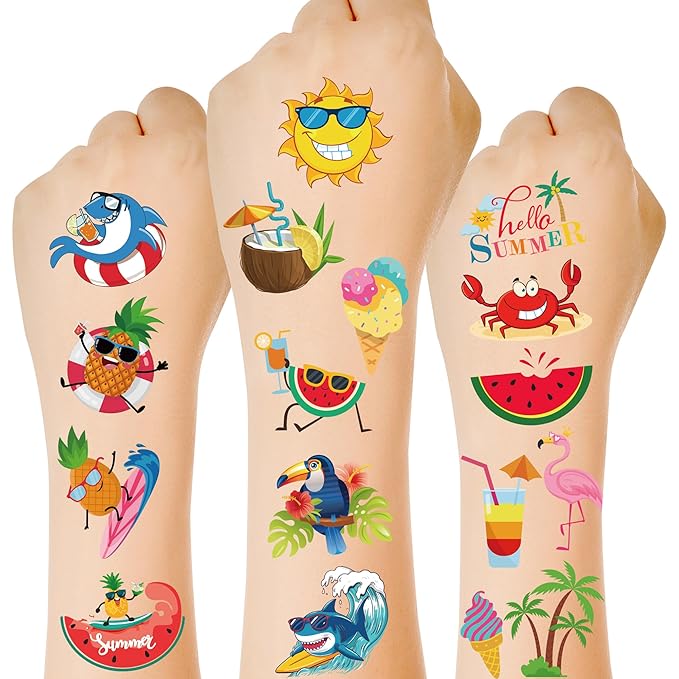 150 PCS Summer Temporary Tattoos, 6 Sheets Waterproof Fake Tattoos with Tropical Fruits Flamingos Hello Summer for Adults Pool Party, Hawaiian Stickers for Hawaiian Luau Party Favors Supplies