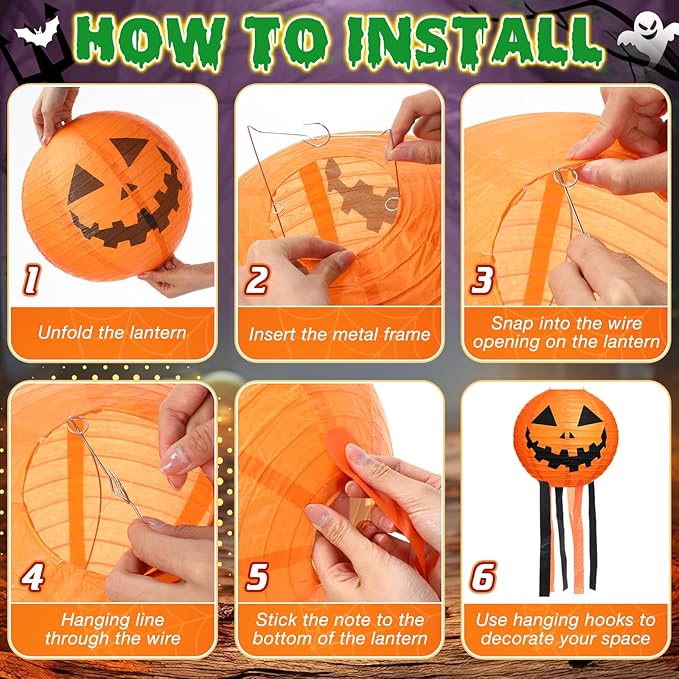 VIHOSE 12 Pcs Halloween Hanging Decorations Paper Lanterns, Jack-o-Bat Lanterns with Tassels Halloween Lantern Decorative for Indoor Outdoor Party Trick-or-Treat Event Supplies