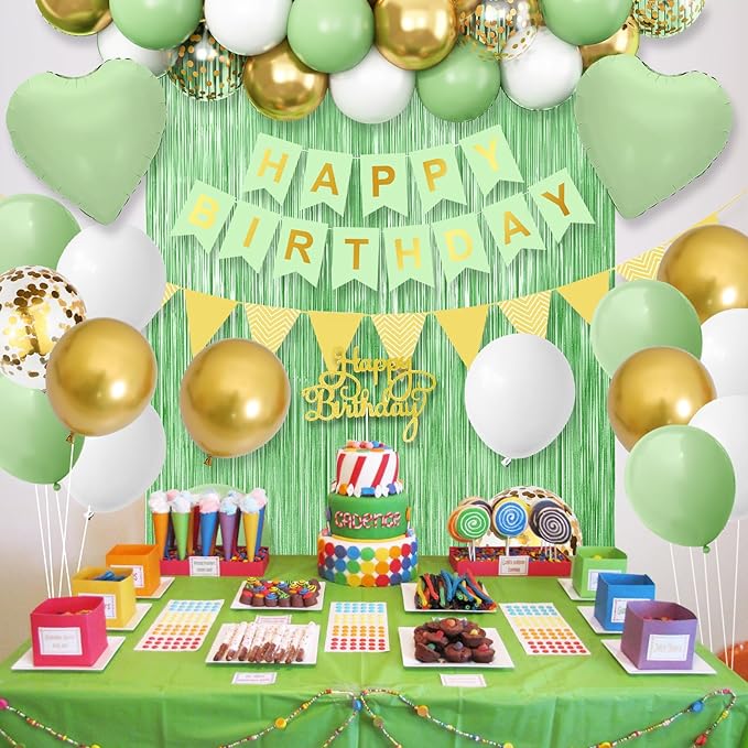 Sage Green Birthday Decorations - Party Decorations with Green, Gold, White Balloon Heart Foil Balloons, Olive Happy Birthday Banner Fringe Curtain for Women, Girls, Boys, Men, Adults
