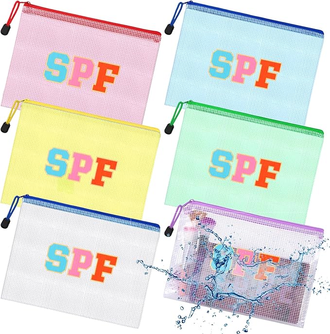 Kacctyen 12 Pcs Sunscreen Bag Clear Makeup Bag Beach Vacation Essentials Summer Pool Waterproof Toiletry Pouch Portable Preppy Letter Mesh Zipper Organizer for Women Family Travel Gifts(Pink,Spf)