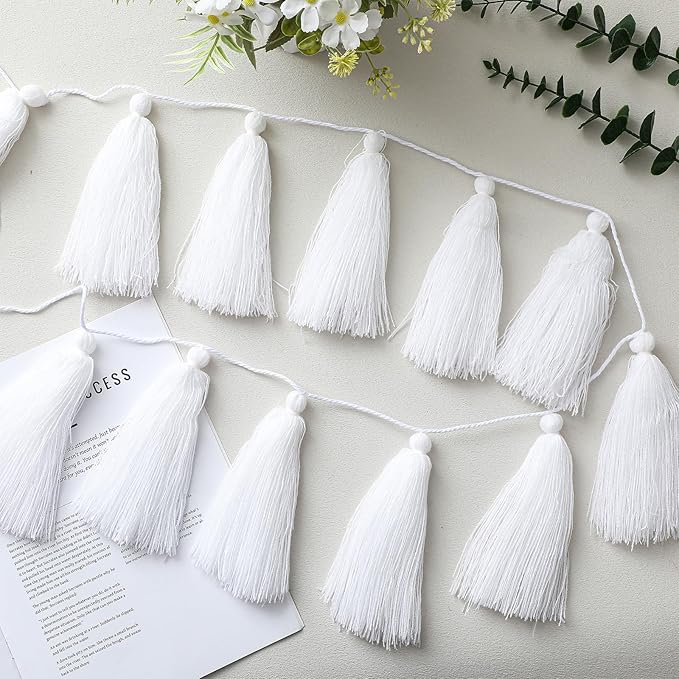 4 Pcs Rainbow Tassel Garland Party Decor, Colorful Boho Wall Hanging Banner for Birthday Birthday Wedding Baby Shower Party, Classroom, Bedroom, Nursery Home Decor(White,6.3 Inch)