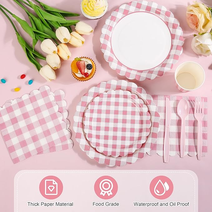 200 Pcs Light Pink Gingham Party Supplies Pink and White Scalloped Paper Plates and Napkins Cups Disposable Gingham Checkered Plaid Dessert Plates Tableware Set for Baby Shower Wedding BBQ