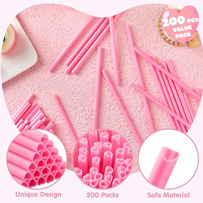 JOYIN 200 PCS Valentine Heart Shaped Pink Straws, Reusable Drinking Cute Straw for Valentine's day Cocktail, Birthday Party, Bridal Shower, Wedding Supplies, Valentine Party