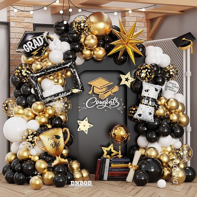 135Pcs Black Gold White Graduation Balloon Garland Arch Kit,with Explosion Star,Diploma,Trophy,Grad Hat,Photo Frame Foil Balloons for Congrats Class of 2025 Graduates Celebrations Party Decoration