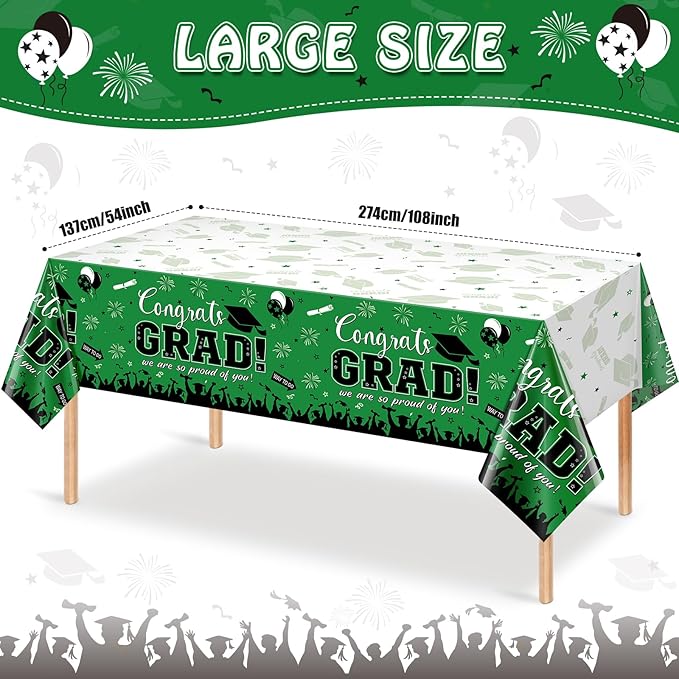 3 Pack Graduation Tablecloth Party Decorations, Class of 2026 Congrats Grad Plastic Tablecover Party Supplies, Green Rectangle Graduation Table Decorations for College High School Party, 54 x 108 Inch