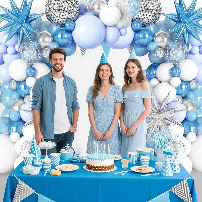 Blue White Silver Balloon Arch Garland Kit with Disco Ball Balloons Star Foil Balloons for Boys Men Disco Birthday Party Graduation Decorations