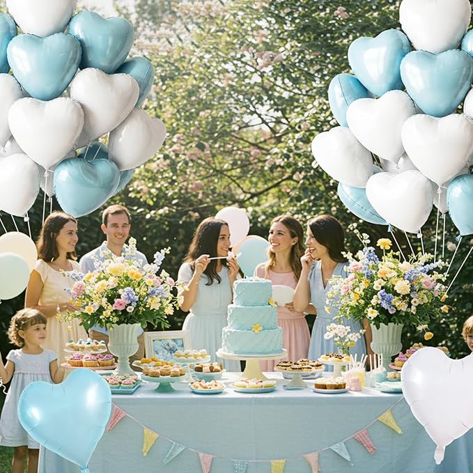 TONIFUL 30Pcs 18 Inch Light Blue White Heart Balloons Pastel Blue Heart Shape Foil Mylar Banners Decoration for Birthday Valentine's Day Wedding Bridal Shower Anniversary Engagement Party Supplies