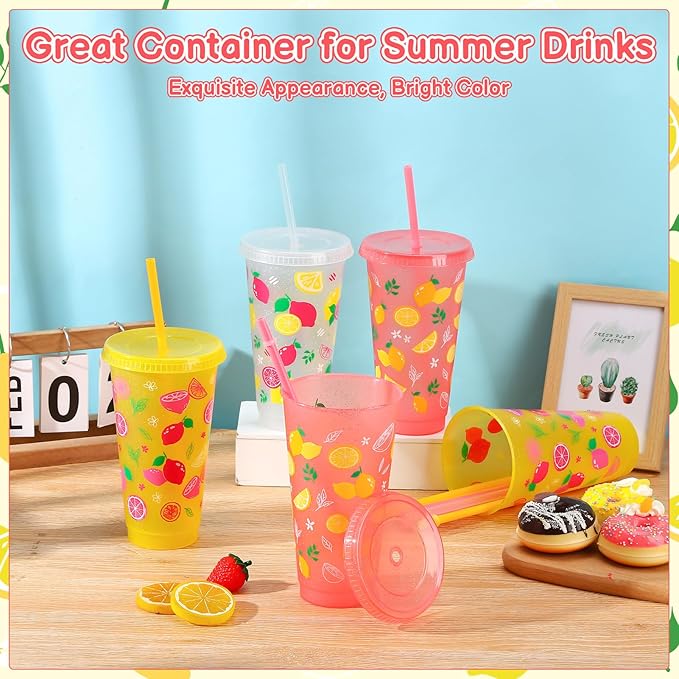 12 Pcs Lemon Cups with Lids and Straws, 24 OZ Reusable Drinking Cups Bulk for Summer Fruit Party Birthday Baby Shower Supplies