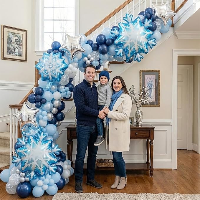 Winter wonderland balloon garland arch kit 140pcs Navy Blue White Silver with mylar snowflake star balloons for winter 1st birthday Boy baby shower snow queen Merry Christmas theme party decorations