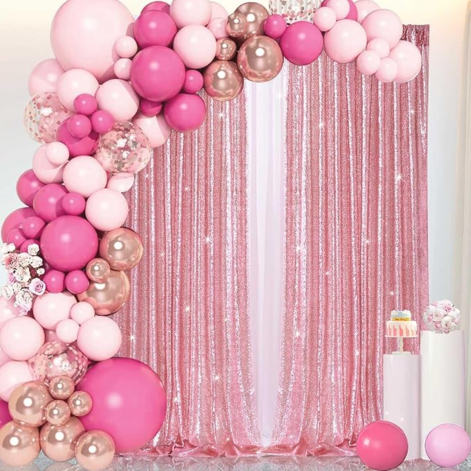 B-COOL Sequin Backdrop Curtain Fuchsia Pink Backdrop Drapes 4 Panels 2ftx8ft Pink Glitter Backdrop for Photo Ceremony Sweetheart Grils Party Decoration