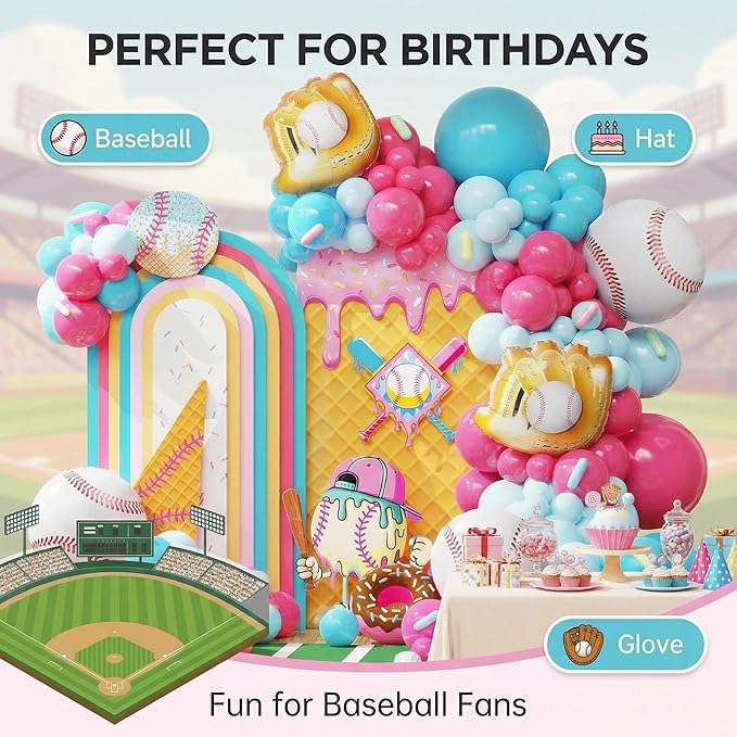 Ice Cream Drip Baseball Birthday Party Decorations, 133PCS Baseball Balloon Arch Garland Kit Ice Cream Theme Hot Pink Latex Balloons with Baseball Foil Balloons for Birthday Baby Shower Party Supplies