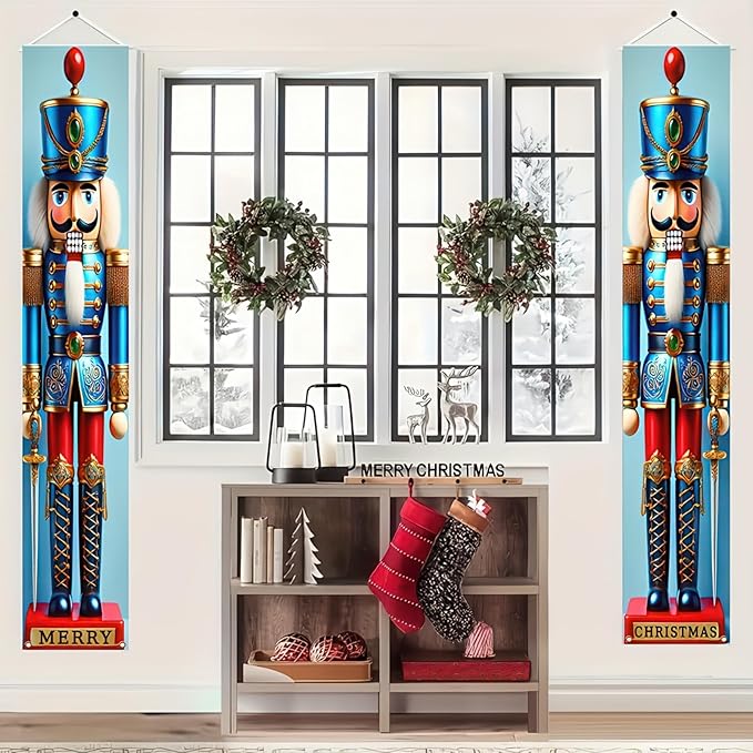 Blue Nutcracker Christmas Porch Banner Set 71"x12" Christmas Door Banner Xmas Nutcracker Soldier Outdoor Doorway Hanging Sign for Front Yard Holiday Kids Party Xmas Decoration