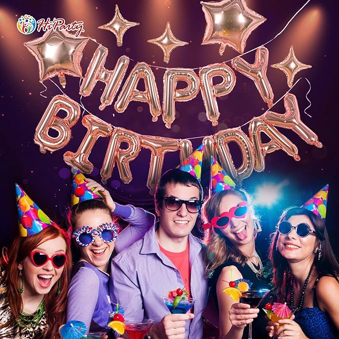 23pcs Birthday Balloons Banner, 3D Rose Gold Mylar Foil Letter Happy Birthday Banner with 5pcs Star Balloons Kits for Kids Girls Boys Men Adults Birthday Party Decorations Supplies