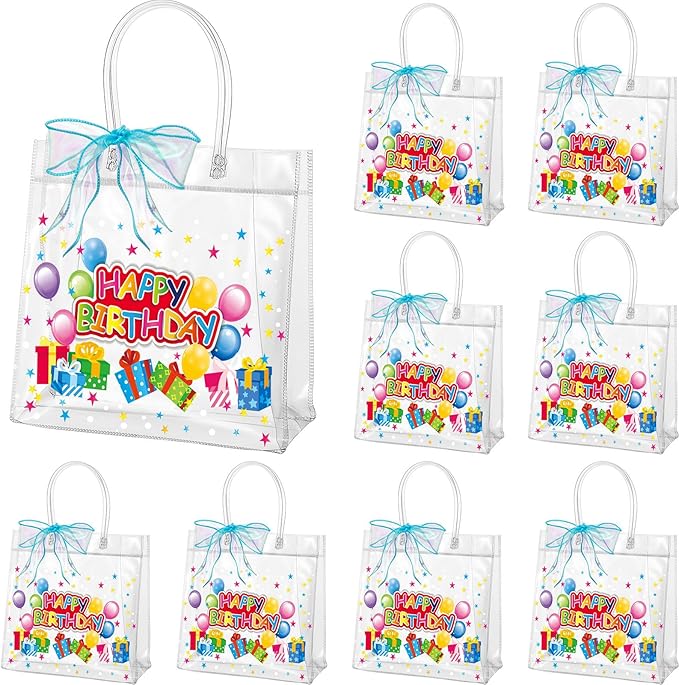 Henoyso 12 Pcs Clear Happy Birthday Gift Bags Plastic Goodie Candy Treat Bags PVC Party Favor Totes with Handles 7.8 x 7.8 x 3.1 Gift Wrap Totes