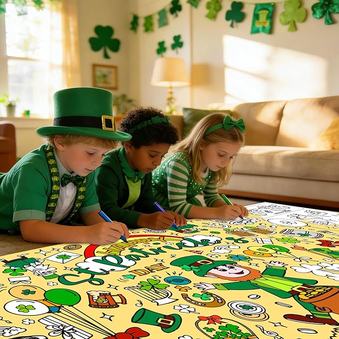 St Patricks Day Coloring Tablecloth/Poster, St Patrick Day Decorations, 72" X 30" Gaint Paper Coloring Tablecloth for Kids Crafts Activities, DIY St Patricks Party Supplies Gifts for Classroom Family