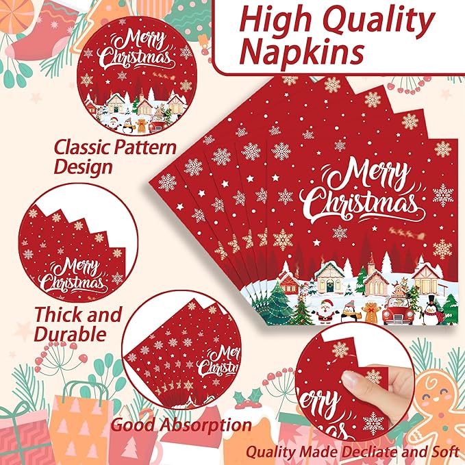Christmas Party Supplies Set, Chris Theme 280 Pieces with Plates, Napkins, Cups and Tableware for 40 Guest Red and Green Design for Party
