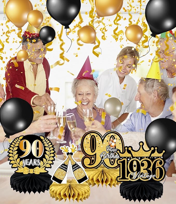 9 Pcs 90th Birthday Decoration for Men Women 90th birthday Centerpieces for Tables Decorations Cheers to 90 Years 1936 Birthday Honeycomb Table Topper Black and Gold 90th Birthday Party Favors