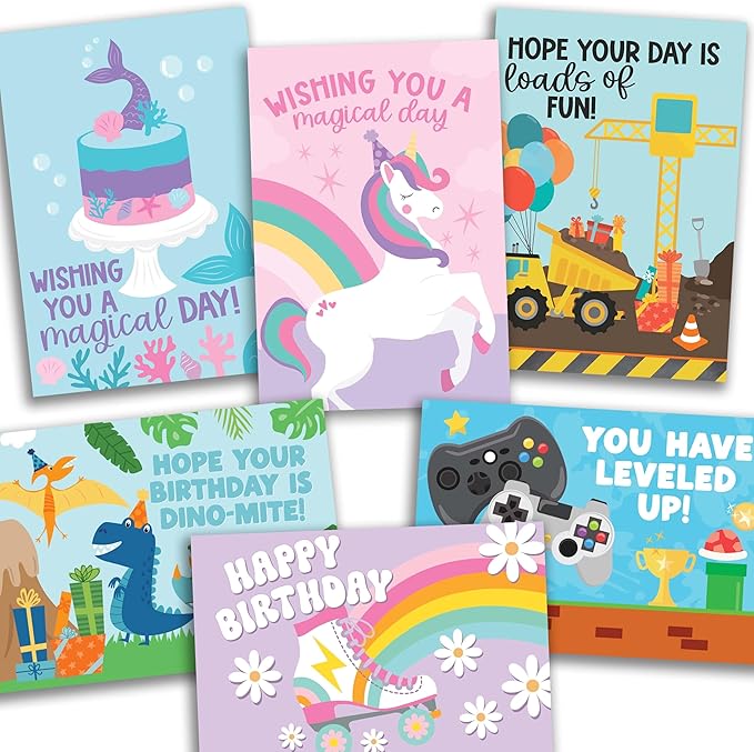 Hadley Design Happy Birthday Cards for Kids with Envelopes - 24 Assorted Kids Birthday Cards Bulk for Classroom, Generic Children Greeting Card Pack for Students, Blank Bday Notecards, Designed in USA