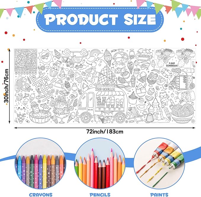 Ice Cream Giant Coloring Poster/Tablecloth, 30 x 72 Inch Summer Theme Craft for Kids Art Crafts Paper Banner Kids Games Activities,Coloring Tablecloth Crafts for Classroom Wall School Home Parties