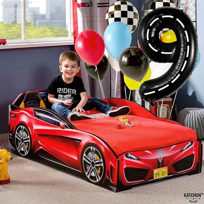 KatchOn, Giant Checkered Number 9 Balloon - 40 Inch | Foil 9 Birthday Balloon for 9th Birthday Decorations | 9th Anniversary Decoration | Race Car Party Decoration | Black Party Decor