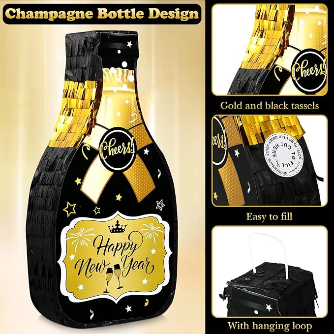 Capoda Happy New Year Champagne Piñata Set 16 x 8.3 x 3 Inches Champagne Bottle Black and Gold Piñata with Tassel Stick Blindfold Confetti for 2026 New Years Eve Party Games Supplies Decorations