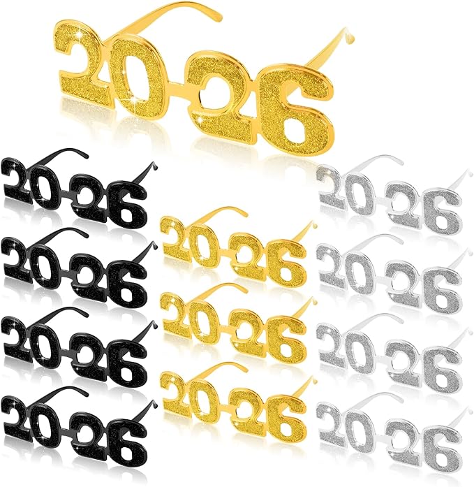2026 Plastic Glasses Happy New Year Glitter Eyeglasses for 2026 Party New Year Eve Costume Photo Prop Supplies