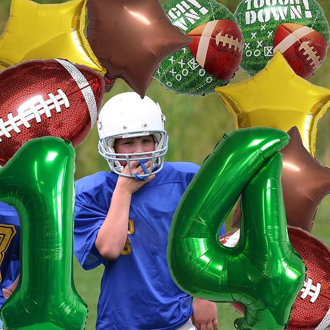 Football Balloons Foil Football Birthday Decorations Balloons Green Number 14 Balloon Gold Brown Star Touchdown Ballons for Rugby Birthday Decorations Sports Ballons Arch Kits Party Balloon Sets 10pcs