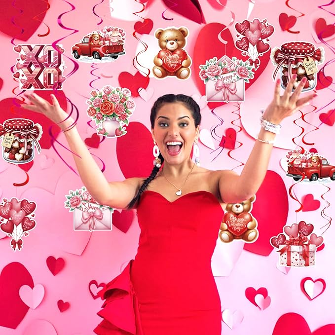 Valentines Day Decorations Set - Heartwarming Valentine's Day Banner & Hanging Swirls for Home, Office, Classroom Indoor, Anniversary & Valentine's Day Party Supplies