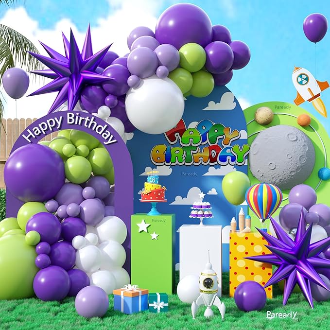 Green Purple White Balloon Arch Kit, 120pcs Lemon Green Retro Purple Balloons With Purple Foil Star Balloon Different Sizes For Outer Space Themed Birthday Baby Shower Party Decorations