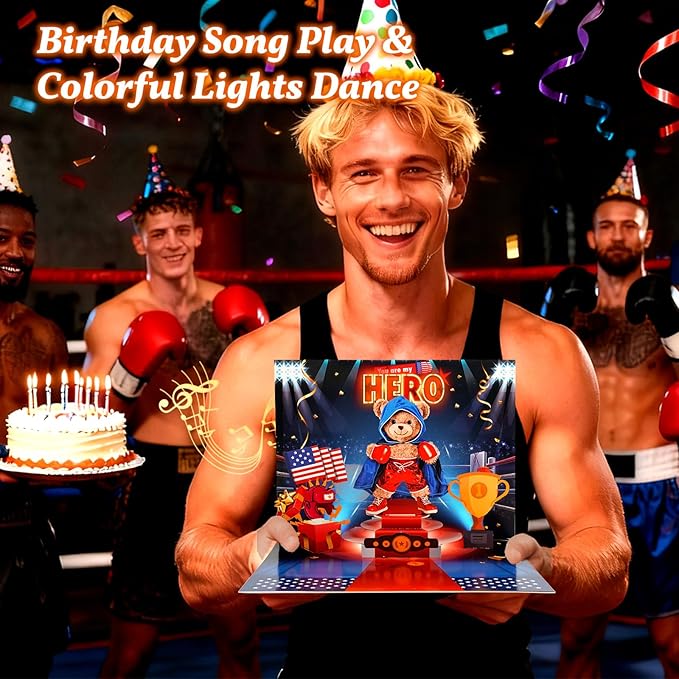 Birthday Cards with Music & Lights, 3D Pop Up Boxing Bear Hero Greeting Card, Unique Birthday Gift For Dad, Son, Father, Kids, Includes Envelope & Message Card