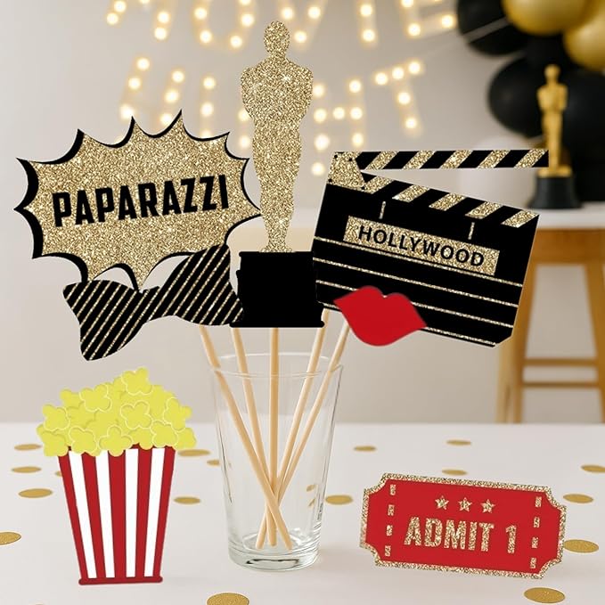 Fully Assembled Hollywood Photo Booth Props - Set of 27 - Black Gold Red Selfie Signs - Movie Night Themed Party Supplies & Decorations - Cute Oscars Designs with Real Glitter - Did We Mention No DIY