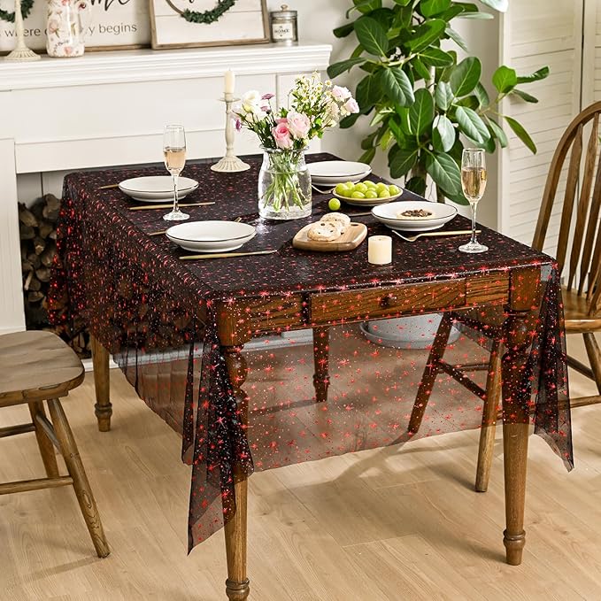 Horaldaily Black Red Gold Sparkling Star Gauze Tablecloth 60x84 Inch Rectangular, Red Star Sequin Glitter Metallic Foil, Sheer Tulle Cheesecloth for Wedding Baby Shower Party
