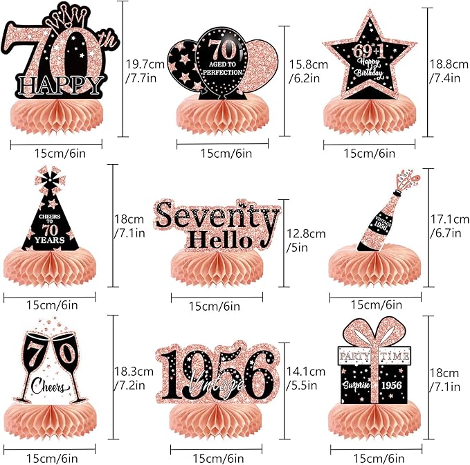 9Pcs 70th Birthday Decorations Honeycomb Centerpieces for Women, Rose Gold Pink Happy 70th Birthday Centerpieces Tables Toppers Party Decorations Supplies, Vintage 1956 Aged Table Sign Decor