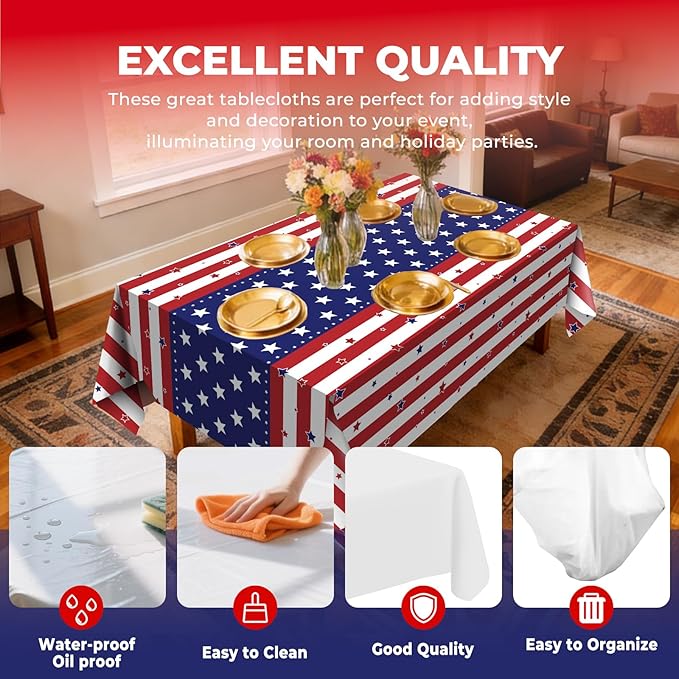6 Pack Patriotic Disposable Plastic Tablecloth 54" x 108" Memorial Themed Party Table Cloths Disposable for 6 to 8 Foot Tables Independence Day Party Indoor or Outdoor (American Flag)