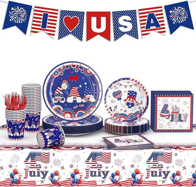 122 PCS 4th of July Plates and Napkins Sets, Independence Day Party Supplies Include Patriotic Plates and Napkins,Cups,Forks,Banner and Tablecloth for Patriotic 4th of July Party Decorations, Serve 24