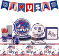 122 PCS 4th of July Plates and Napkins Sets, Independence Day Party Supplies Include Patriotic Plates and Napkins,Cups,Forks,Banner and Tablecloth for Patriotic 4th of July Party Decorations, Serve 24