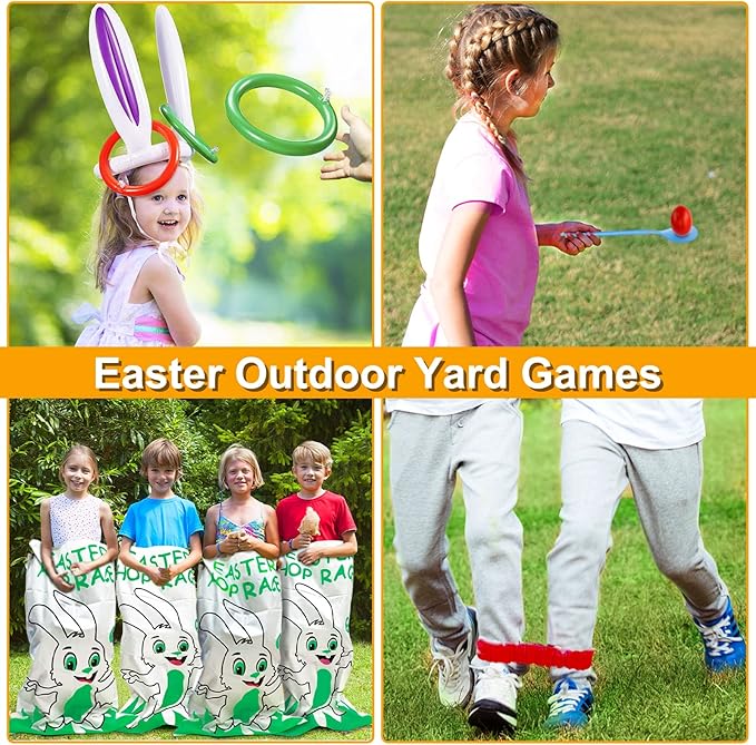 19 Pack Easter Outdoor Party Games for Kid Family, School Carnival Game 4 Bunny Potato Sack Race Bag, Egg and Spoon Relay Race, 2 3-Legged Band, 1 Ear Ring Toss Game (4 Score Rings) Easter Eggs Hunt