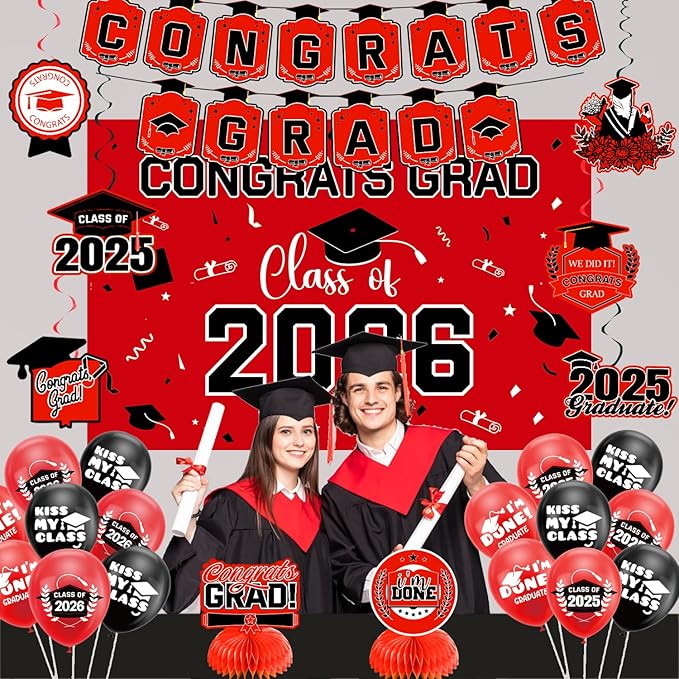 Graduation Decorations 2026 Red Themed Set - Congrats Grad Banner, Class of 2026 Backdrop, Balloons & Streamers Kit - Complete Party Supplies for High School & College Celebrations