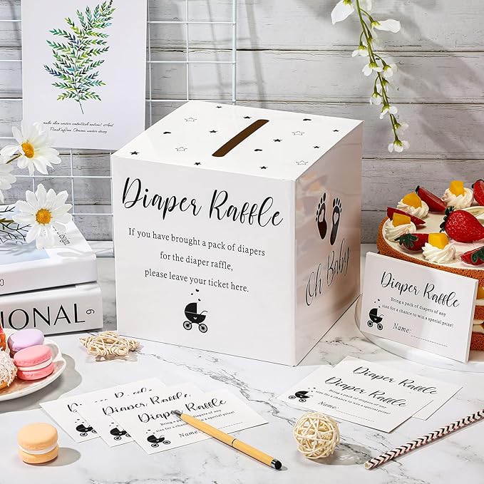 Funrous 51 Diaper Raffle Tickets with Box for Baby Shower Game Invitations Diaper Raffle Card for Gender Reveal Baby Shower Party Decoration Table Centerpiece(White Color)