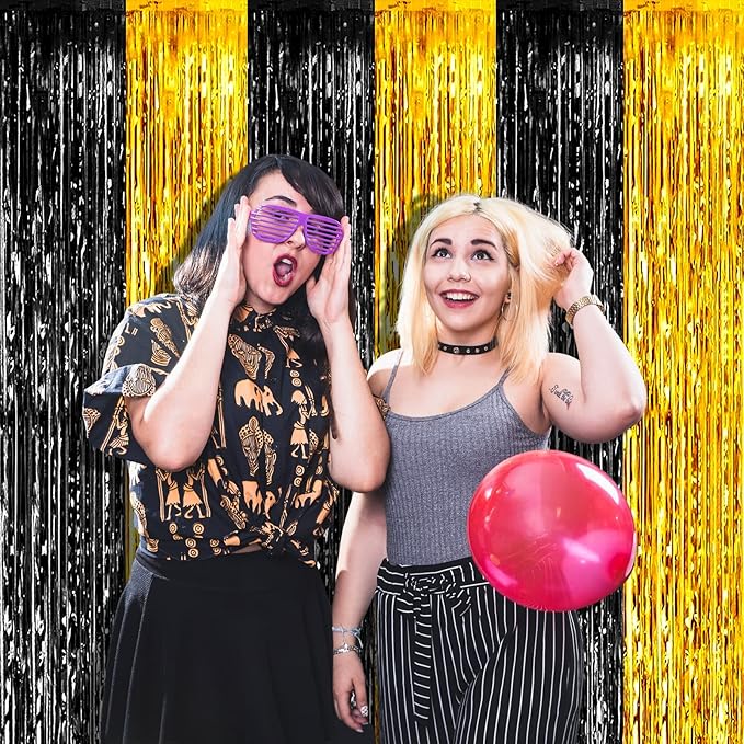 4 Pack 3.2Ft x 9.8Ft Black Gold Foil Fringe Curtain Backdrop, Metallic Tinsel Foil Fringe Streamers Curtains Background for Photo Booth, Birthday, Wedding, Graduation Party Decoration