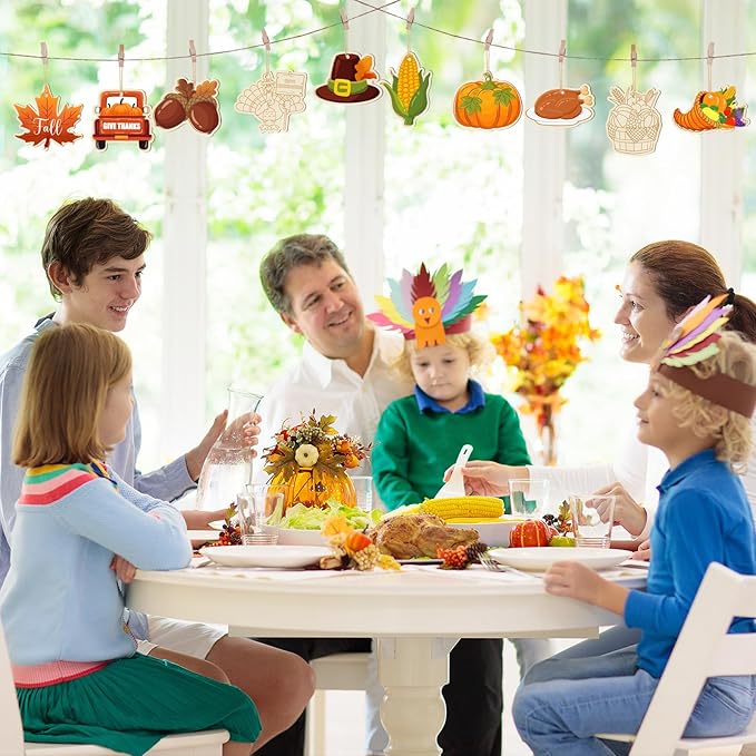 36PCS Wooden Thanksgiving Decoration Fall Ornaments to Paint Happy Thanksgiving Crafts Cutouts Unfinished, DIY Blank Fall Unfinished Turkey Maple Leaf Truck Pumpkin Ornament for Home Harvest Hanging