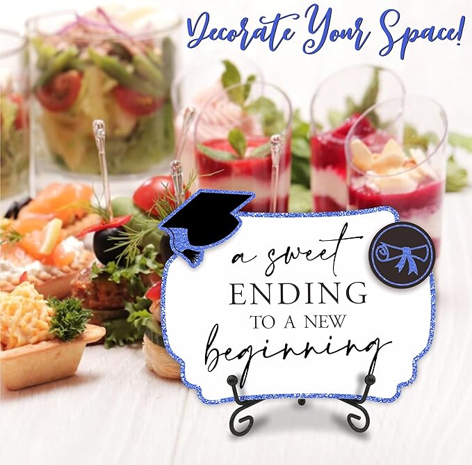 Blue Graduation Wooden Buffet Sign - A Sweet Ending To A New Beginning - 5"X7" Candy Sign With 1 Metal Support，2 DIY Wood Decor With Velcro, Grad Party Decor & Supplies - B07