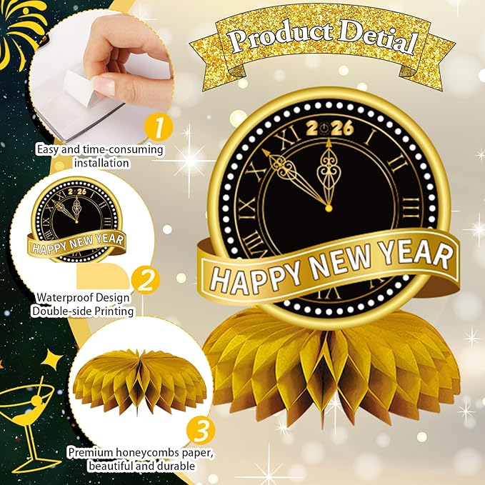 JULMELON Happy New Year Decorations 2026, 8 PCS New Years Honeycomb Centerpieces Table Decorations Black and Gold Table Toppers Decor for New Year Eve Party Supplies Favors