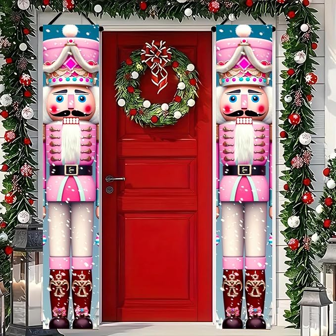 Pink Nutcracker Christmas Porch Banners 71x12 Inch Holiday Door Banner Decorations Hanging Soldier Welcome Signs for Xmas Indoor Outdoor Winter Front Door Party Décor
