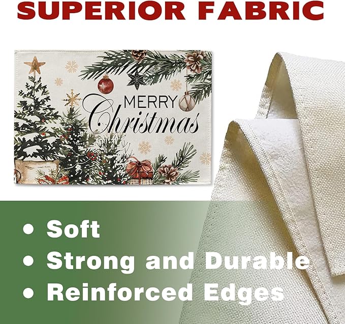 Merry Christmas Tree Placemats Set of 4, Xmas Balls Gifts Pine Branches Dining Place Mats Table Decor, Winter Holiday Gold Snowflake Home Kitchen Decoration 12 x 18 Inches