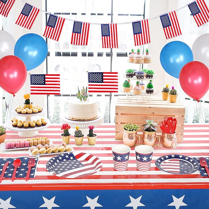 Esjay 4th of July Decorations, 3 Pack Fourth of July Tablecloth American Flag Plastic Table Cloth, Patriotic Party Supplies Red White Blue, Decorations for Memorial Day Veterans Outdoor Home(54"x72")