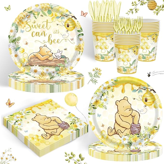 120PCS Classic Winnie Bear Party Supplies for Girls Baby Shower Kids Spring Sweet as Can Bee Neutral Themed Decorations Plates Napkin Cups Tableware Set for 20 Guests