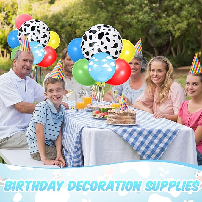 4 Sets Cartoon Birthday Party Decorations Table Centerpiece Red Yellow Blue Green Balloon Stand Kit with Cloud Cow Print Foil and Latex Balloon for Baby Shower Farm Animals Wedding Supplies